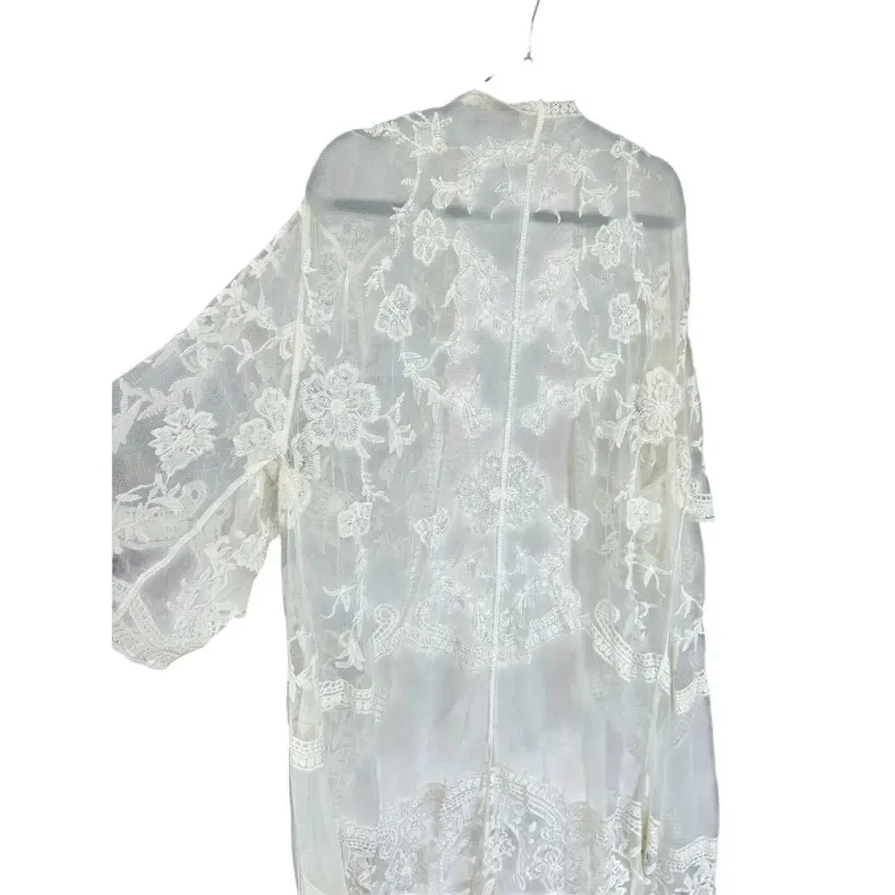 Boho Ivory Embroidered Mesh Lace Kimono Duster Sheer Festival Cardigan L